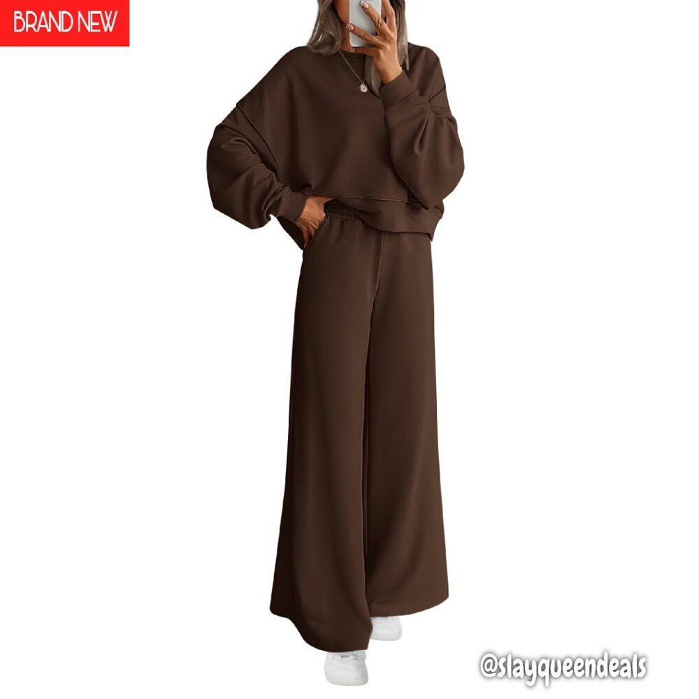 Cozy 2-Piece Sweatsuit Set, Crewneck Sweatshirt & Wide Leg Sweatpants - Picture 1 of 8